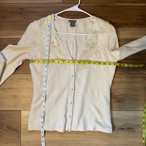 Ann Taylor Cream Button Down Cardigan Wool Cashmere Pearl Holiday Beaded Silk - Picture 6 of 6